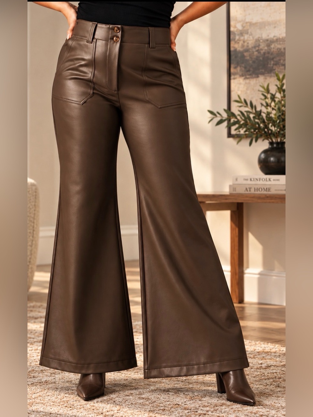 Anthropologie Maeve vegan leather brown wide leg flare pants high rise. 14